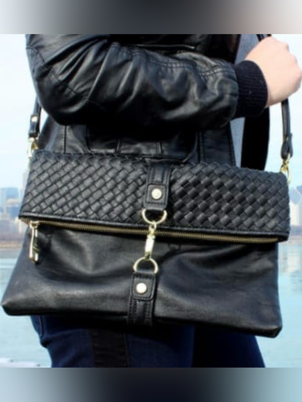 Steve Madden black convertible crossbody bag, w woven foldover flap